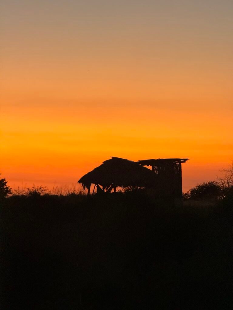 Cabaña rústica al atardecer en el Santuario Escobilla Oaxaca