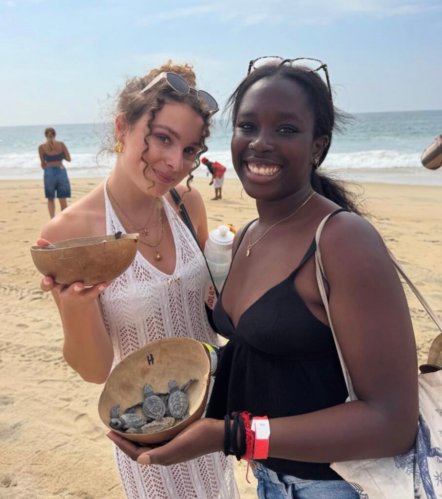 Turistas mostrando crías de tortuga antes de la liberación en el Santuario Escobilla.